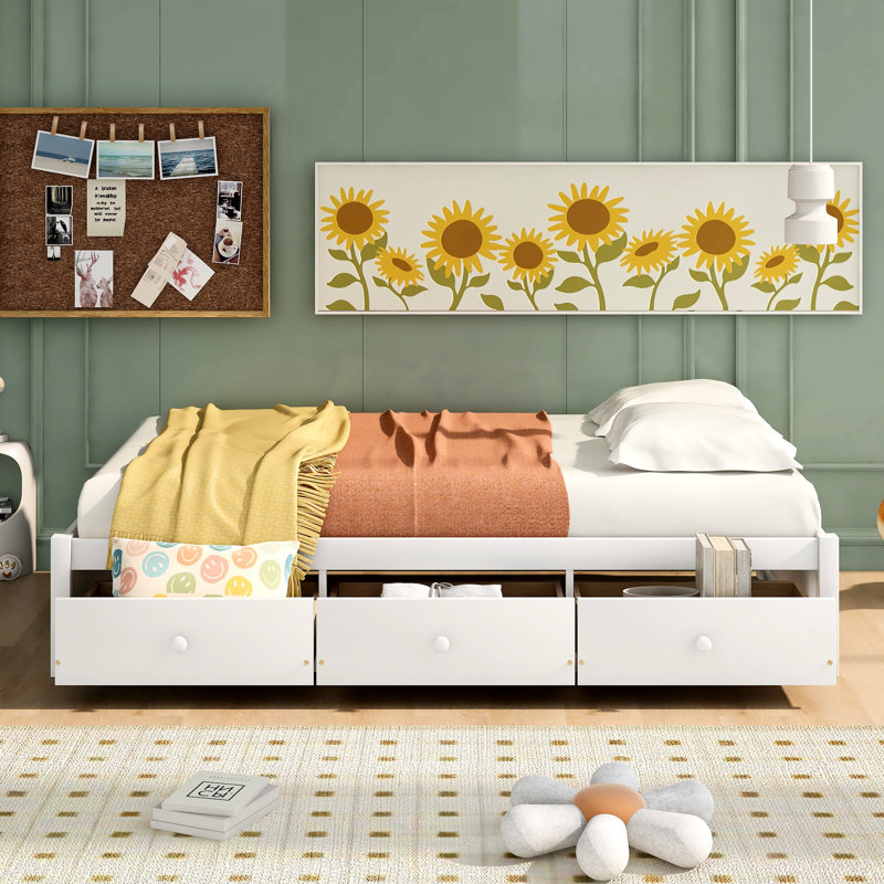 Lit plateforme simple avec fabrication en bois massif - 3 tiroirs en blanc pour une chambre à coucher