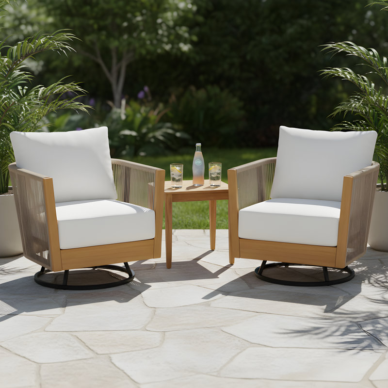 Ettie Outdoor 3-Piece Acacia Wood Conversation Set With Woven Rope & Slat Side Table, 3 Pcs: Table, 2 Chairs
