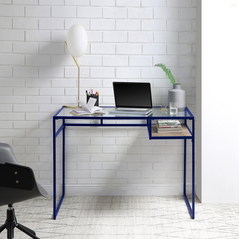 Yasin Glass Top & Blue Finish Writing Desk, Blue