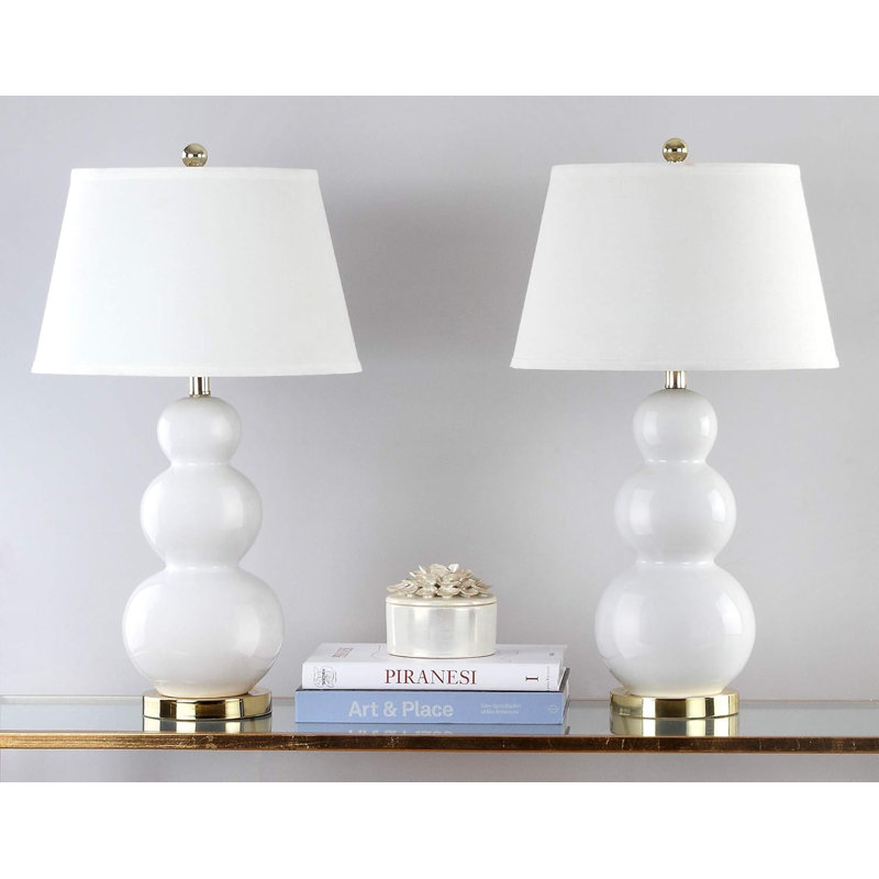 Elegant White Ceramic Gourd Table Lamp Set with Off-White Shade, 28"