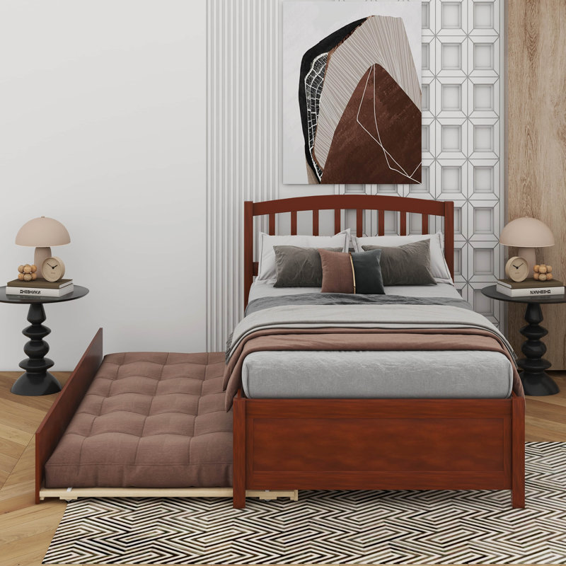 Twin Size Platform Bed Wood Bed With Trundle, Walnut