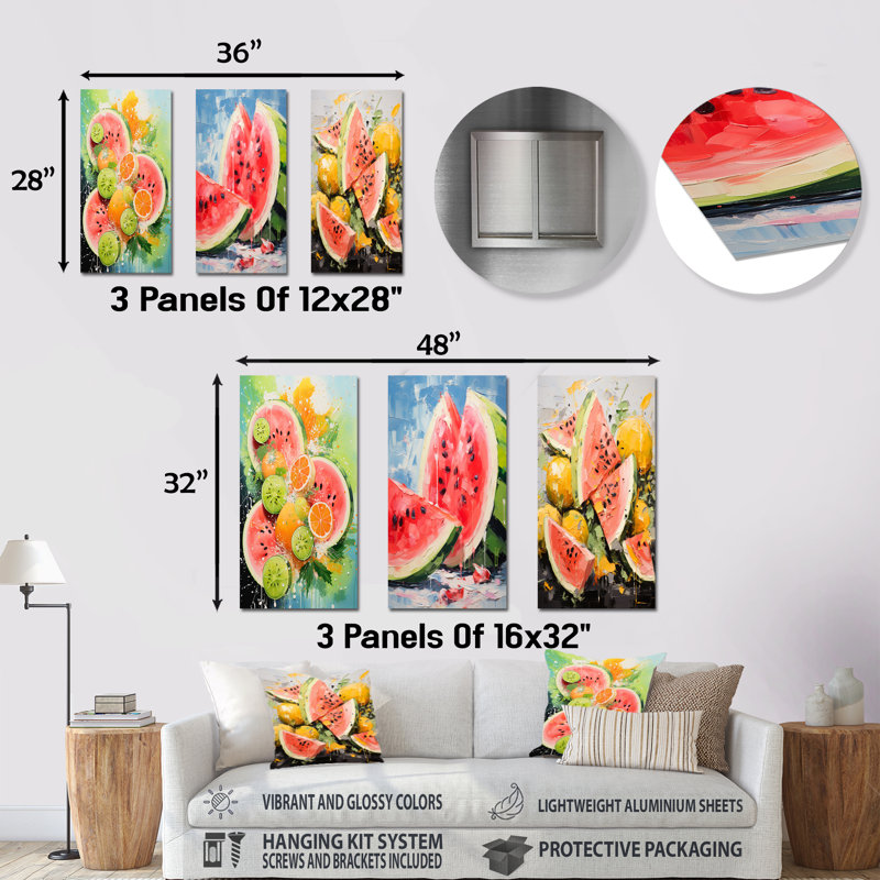 Summertime Watermelon Fruit I - Fruits Metal Art Print Set Of 3, 28" H x 36" W