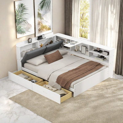 Daybed With 2 Drawrers, Storage Shelves, Upholstery Headboard And Rotatable Storage Board