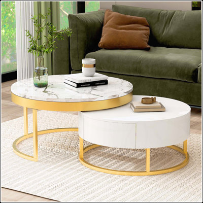 Modern Round Nesting Coffee Table with Drawers in White and Gold, Perfect for Space-Saving and Stylish Living Areas