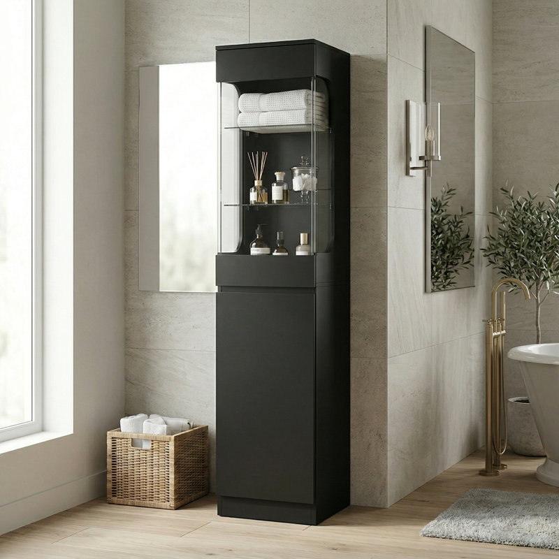 High Gloss Black Bathroom Storage Cabinet With Glass Doors And LED Light Strip