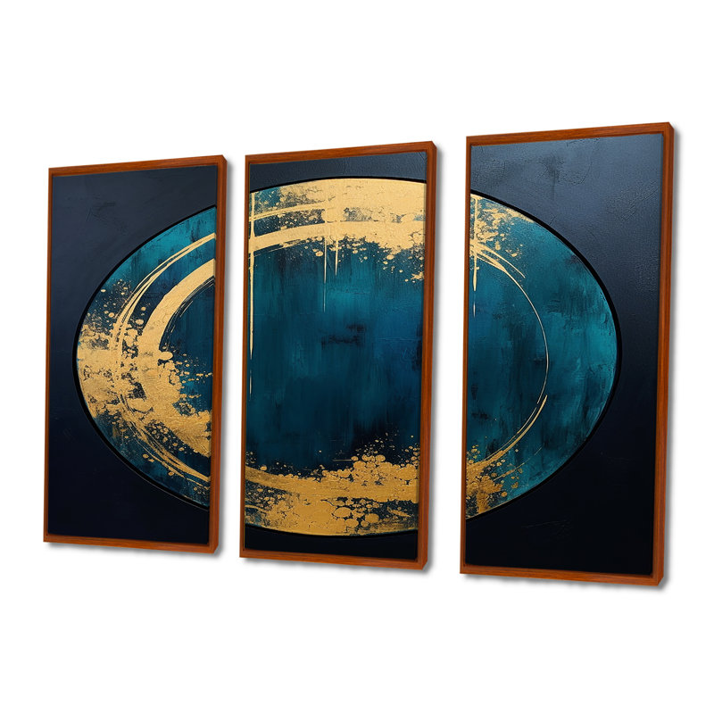 Pleine lune, gloire, or, bleu marine, ensemble d'art mural minimalisme, Cadre flottant brun, H 40 po x l 60 po x P 1 po