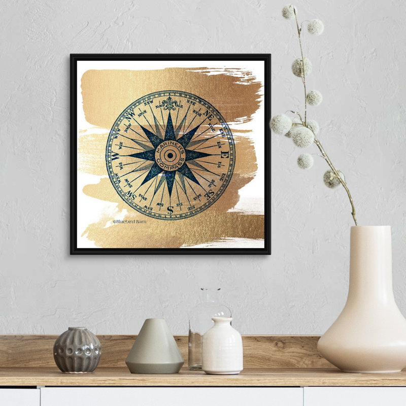 Or brossé rose Compass-impression sur toile, H 18 po x l 18 po x P 1,75 po, Cadre noir