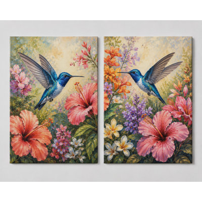 Très grand ensemble de 2 fleurs de colibri, impression sur toile, hibiscus tropical, décoration pour chambre à coucher, chambre de bébé, chambre de bébé