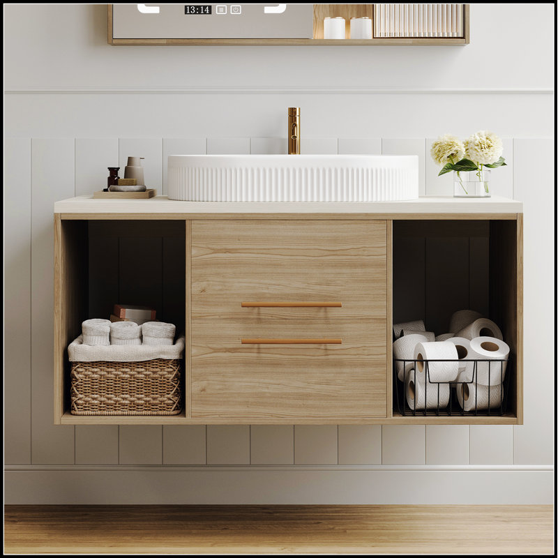 Wall-Mounted Bathroom Vanity with Oval Ceramic Sink, Multi-Layer Solid Wood Cabinet, Soft-Close Drawers and Open Shelf Storage for Space-Saving and Modern Bathrooms