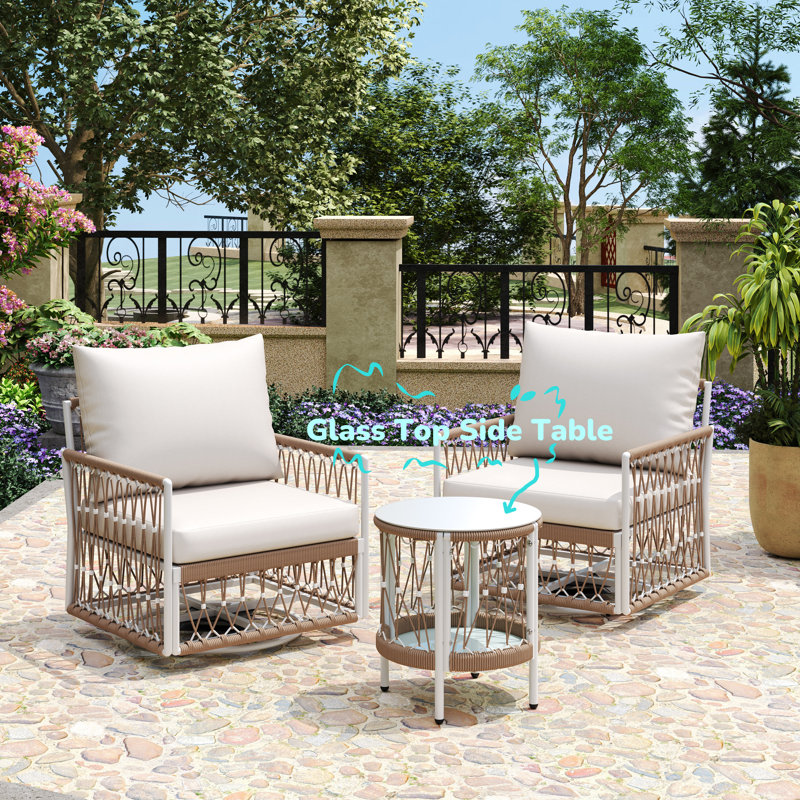 3-Piece Bohemian Outdoor Furniture Set with 2 Swivel Chairs & Glass Top Side Table - Handwoven Rope & Powder-Coated Steel Frame - Waterproof Cushions Patio Conversation Set