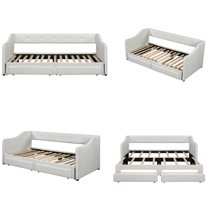 85" Twin XL to King Size Convertible Daybed with 2 Drawers - Button Tufted Upholstered Sleeper - Beige Linen, Beige