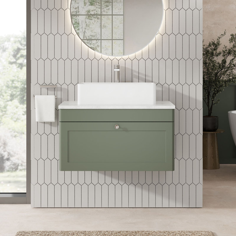 Classique Single Bathroom Vanity with Natural Marble Basin, Satin Green, 81cm W