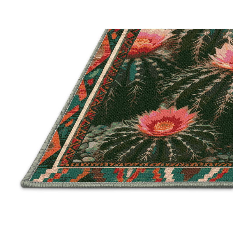 Washable Barrel Cactus Southwestern Area Rug, Square 4'