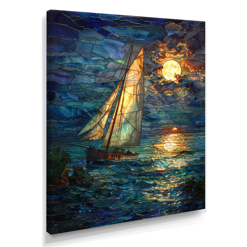 Voilier sur des vagues turquoise sous la pleine lune blanche - art mural plage et océan, Toile tendue