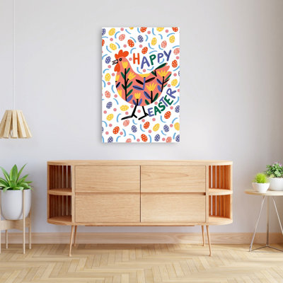 Joyeuses Pâques, poules colorées, oiseaux abstraits, fleurs printanières, impression murale