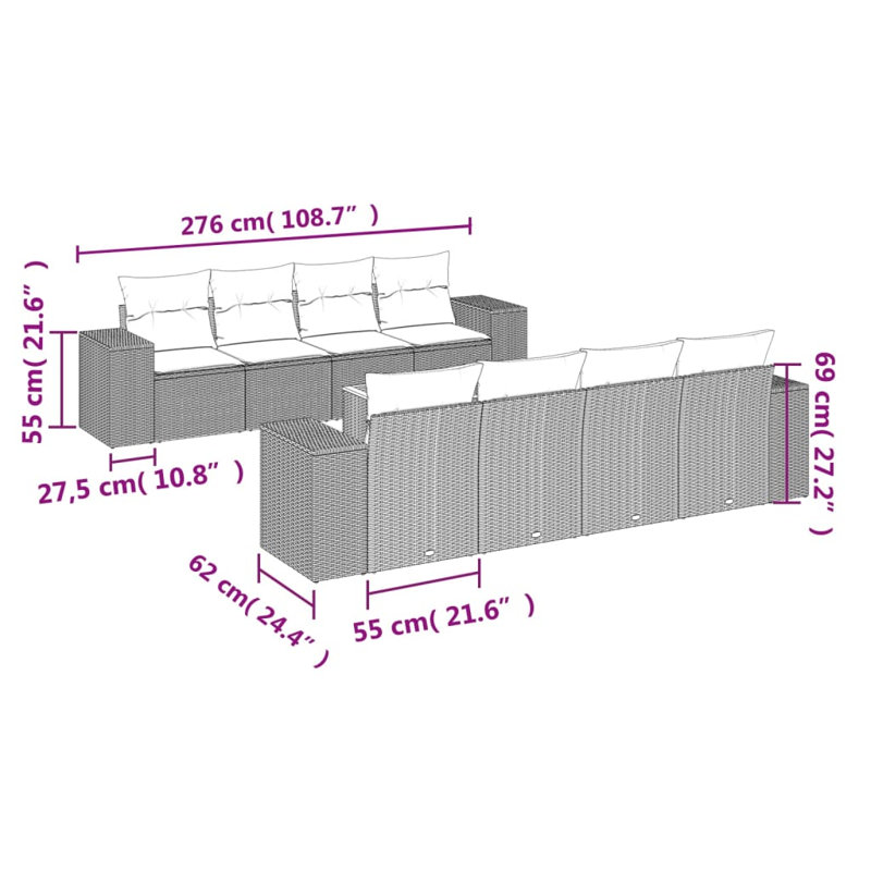  Ensemble de canapé de jardin coussins gris foncé, rotin gris