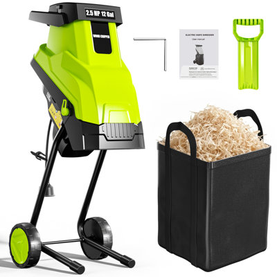 Déchiqueteuse à bois, déchiqueteuse à bois électrique de 15 ampères avec diamètre de coupe de 1,8 po et déchiqueteuse avec sac de ramassage de 45 l et bâton de poussée, lame à double face pour couper les branches, coupures