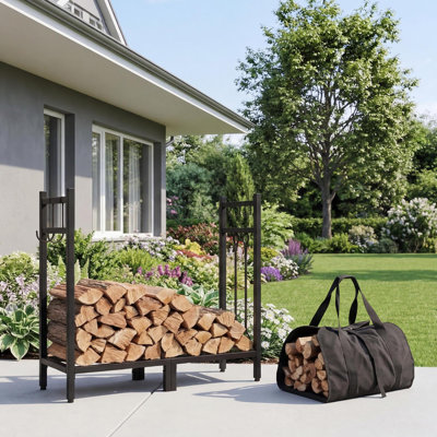 2.7 FT Firewood Rack with Carrying Tote, Heavy Duty Adjustable Log Holder Stand, Indoor Outdoor Firewood Storage Organizer for Fireplace, Patio, Camping, Black