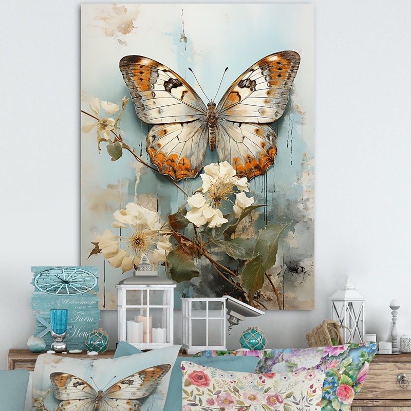 «Transcendent Neutrals Portray Butterflies I» - Décoration murale papillon, H 44 po x l 34 po x P 1,5 po, Toile tendue
