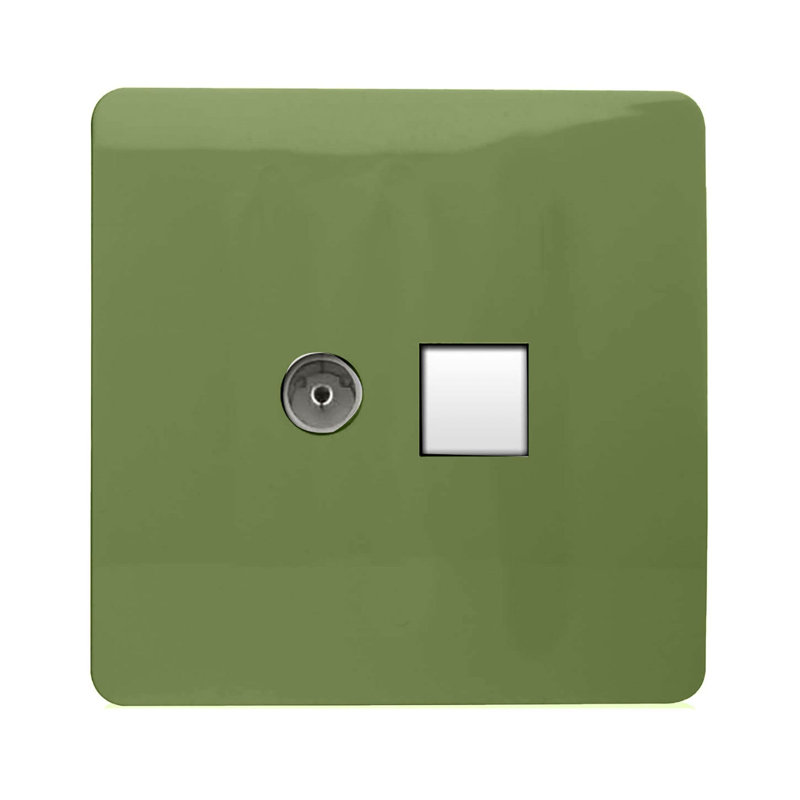 Trendi Switch 2 Gang Female TV Co-Axial & RJ45 Cat 5e PC Ethernet Sockets, Moss Green