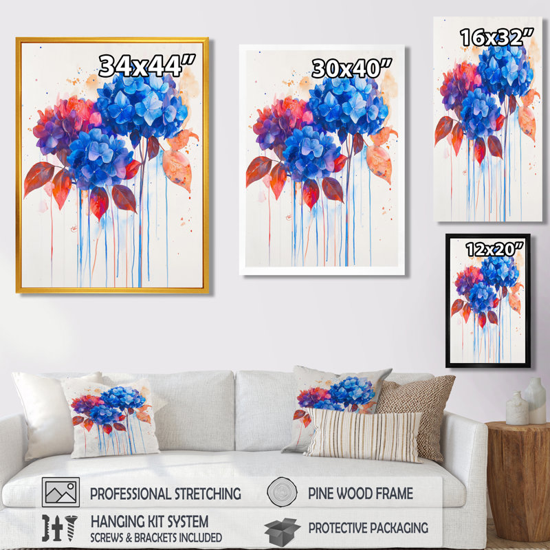 Hydrangées bleues et rouges dans un style graffiti, Hortensia III - hydrangées, art mural, Noir, H 44 po x l 34 po