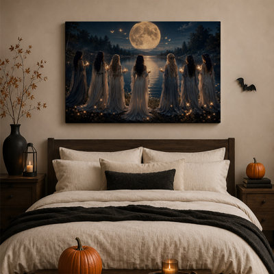 Sept femmes en robes tenant des bougies au clair de lune, tableau sur toile pour l'Halloween
