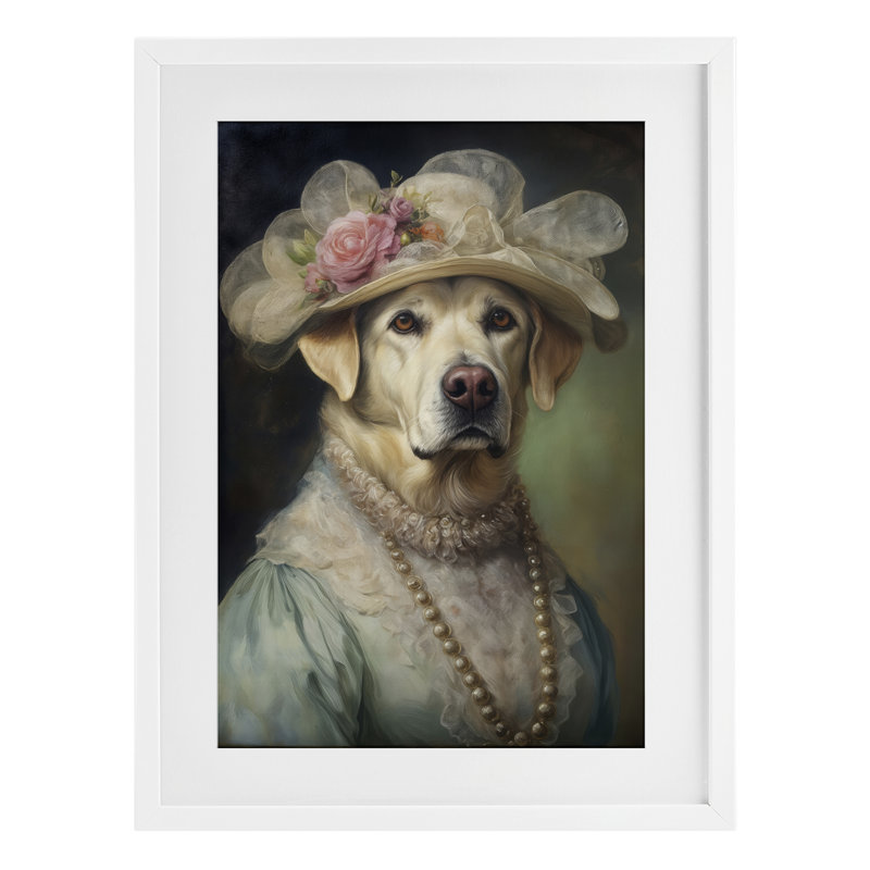 «Elegant Yellow Labrador», reproduction encadrée sous verre, conception de Wumples, H 23 po x l 17 po, Cadre blanc côtier