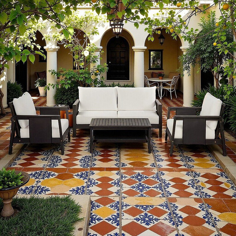 Ensemble de canapés d'extérieur en bois d'acacia 4 pièces avec accents textilène et coussins imperméables, Noir
