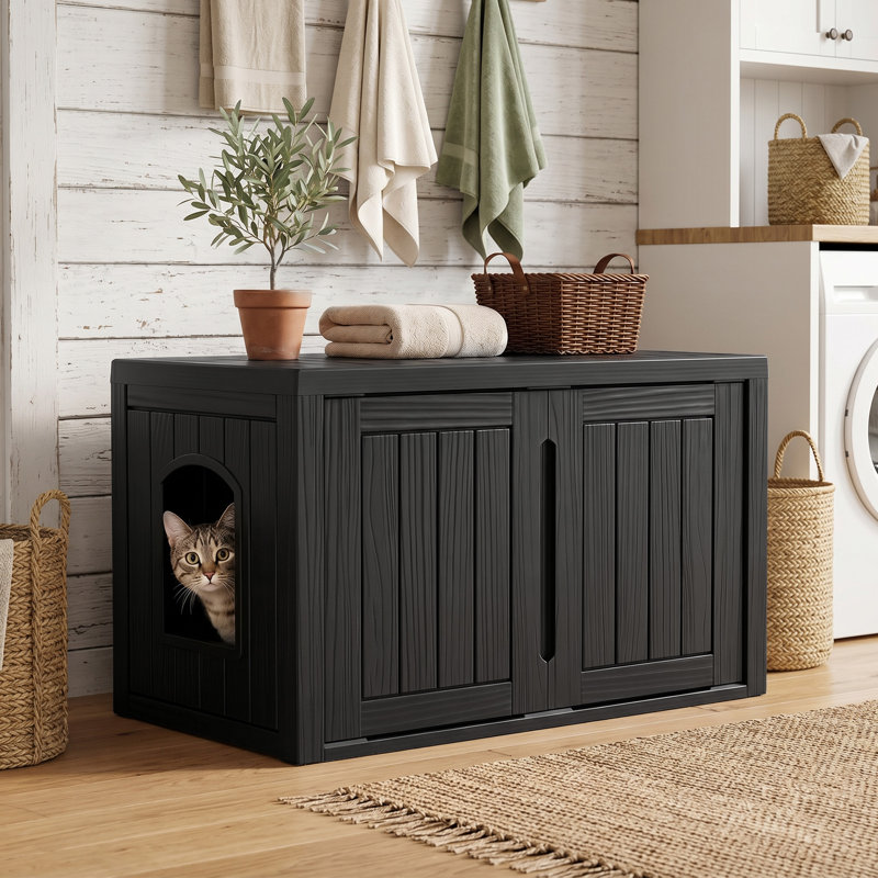 Lit pour chat trois-en-un, armoire de rangement pour animaux, litière pour chat avec séparateurs amovibles (noir), Noir