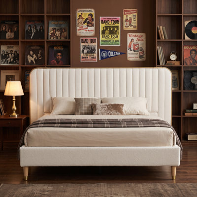 Modern Channel Tufted Upholstered Bed, Full, White Teddy