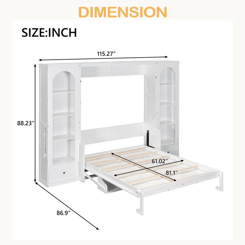 Grand lit plateforme escamotable avec tablette, armoires latérales, tiroirs et DEL, Blanc