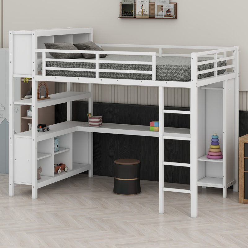 Lit mezzanine en métal avec garde-robe et bureau en L, avec cubes de rangement et tablettes, Blanc