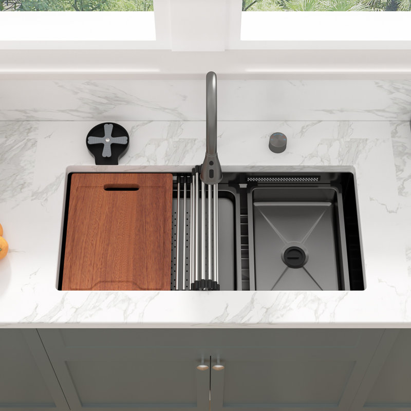 33 Inch Undermount Waterfall Kitchen Sink Single Bowl 16 Gauge Stainless Steel Sink with Ledge Workstation and Pull-Out Faucet,Cup Washer