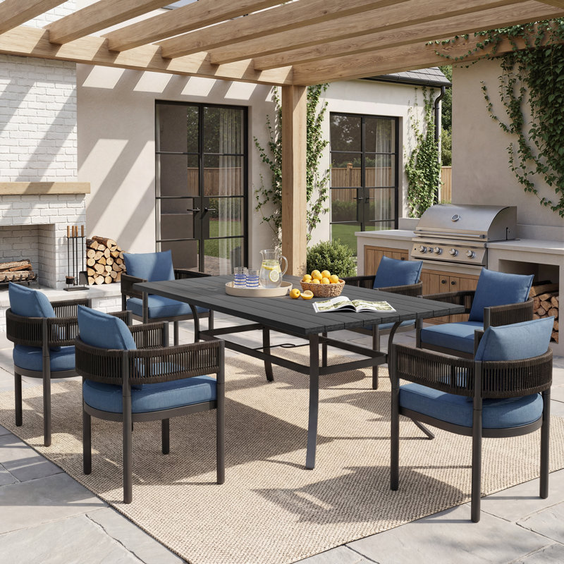 7-Piece Wicker Dining Set With Detachable All-Steel Frame Table, Dark Blue Cushion/Brown Frame
