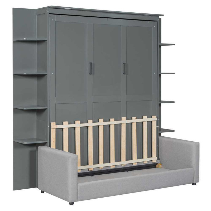 Queen Size Murphy Bed With Couch, Lights And Bookcase, Gray