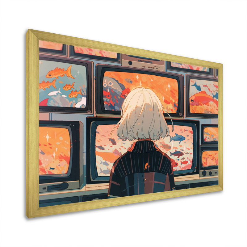 Personnage féminin d'anime II sur toile, Encadrement doré, H 16 po x l 32 po x P 1 po