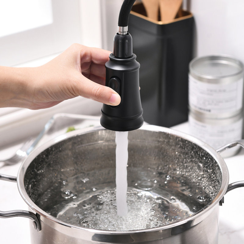 Kitchen Faucet With Pull Out Spray In Black - Solid Brass Construction For Modern Sink Rotatable Single Hole