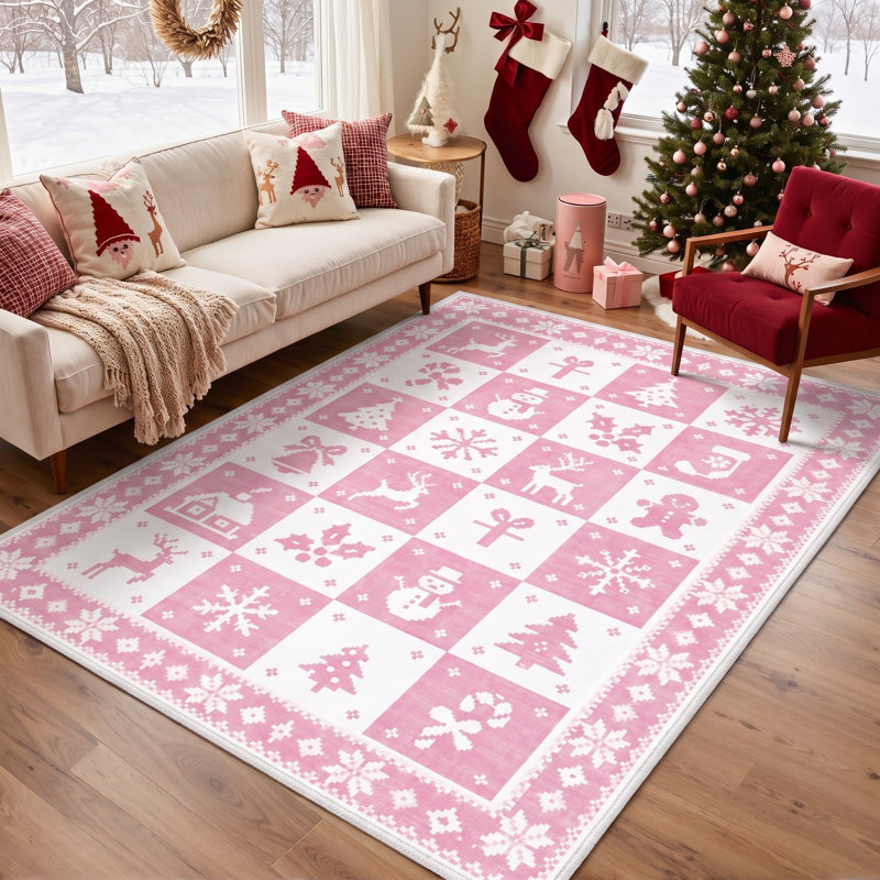 Tapis lavable rose et blanc à motif animal de Noël Gingerbread & Reindeer, Rectangle 5 pi x 7 pi