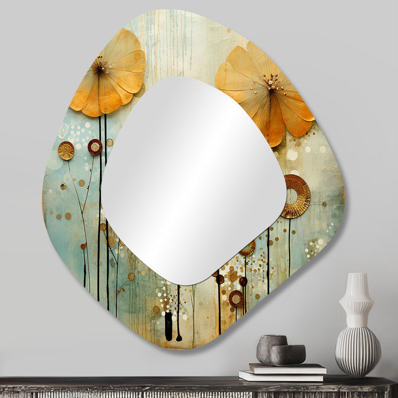 Delicate Dreamscapes Airy Dandelion II - miroir mural asymétrique pissenlit, miroir décoratif de forme irrégulière jaune, impression d'art en métal