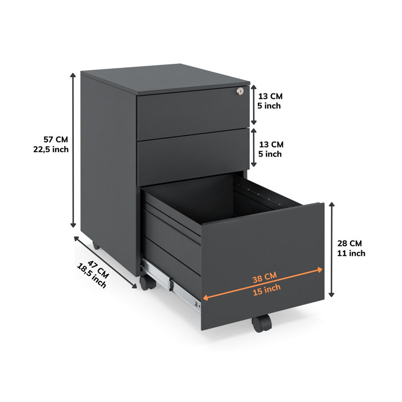 Ceha 3-Drawer Mobile File Cabinet with Lock, Black