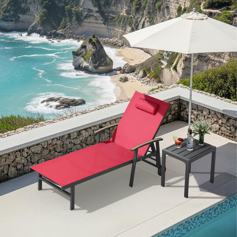 Outdoor Patio Adjustale Chaise Lounge Chair With Wheels And Armrests, Red