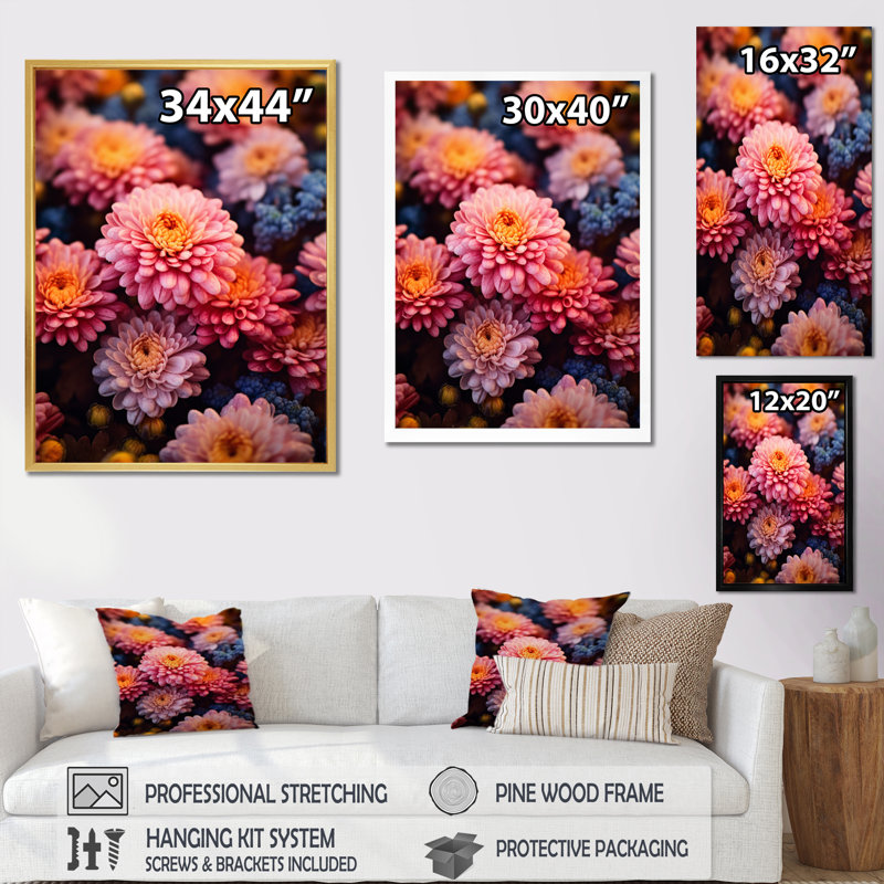 " Pink Yellow Mums Blossoms ", Gold Floater Framed, 32" H x 16" W