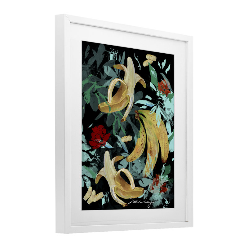 «Banana Medley», impression sous verre encadrée, conception par Susan Lugar, H 21 po x l 17 po, Cadre blanc côtier