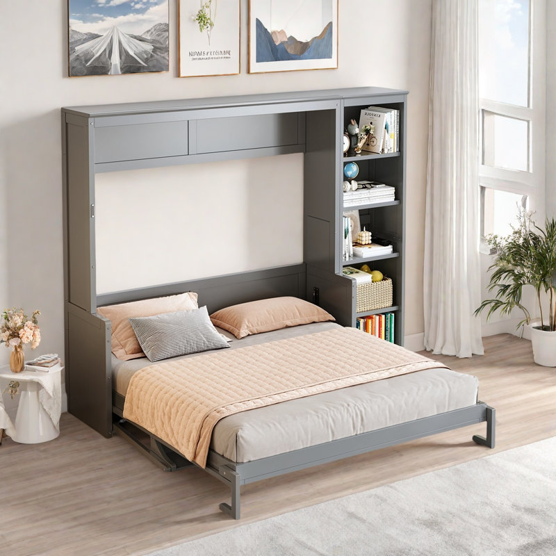 Lit escamotable avec bureau et tablettes Murphy, Gris, Grand lit