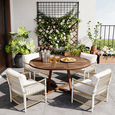 Carrboro 5-Piece Extendable Acacia Wood Patio Dining Set With PE Wicker Chairs & Cushions