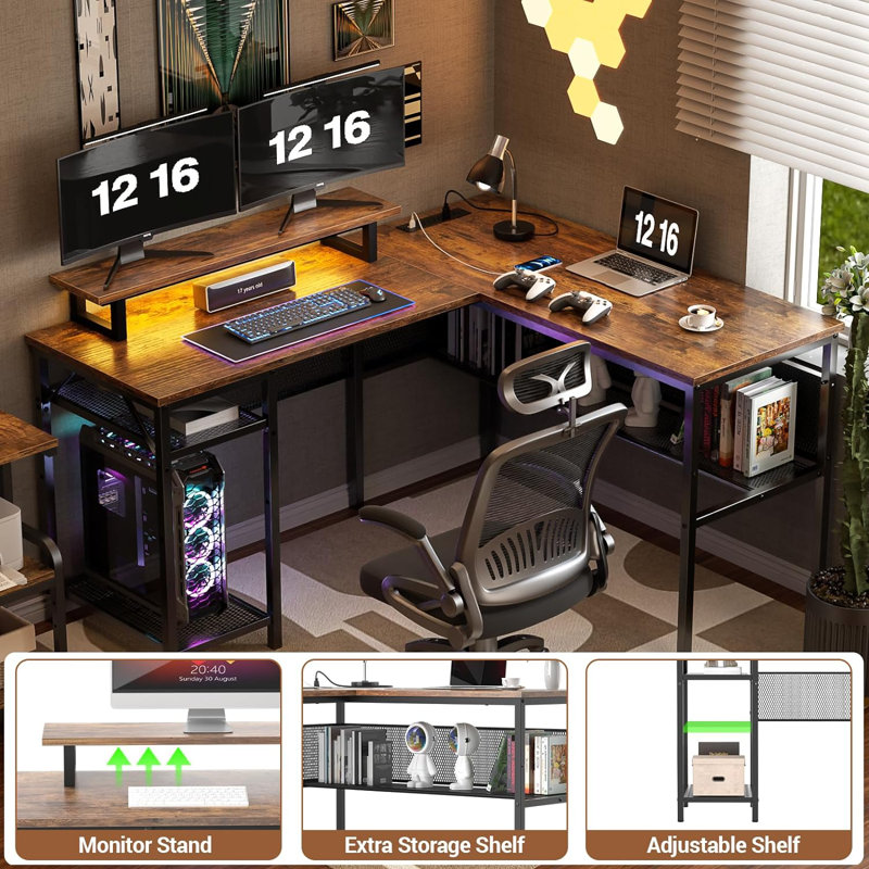 Afjol 47'' L Shaped Desk with Magic Power Outlets, USB Charging Ports and Storage Shelves, Brown/Black