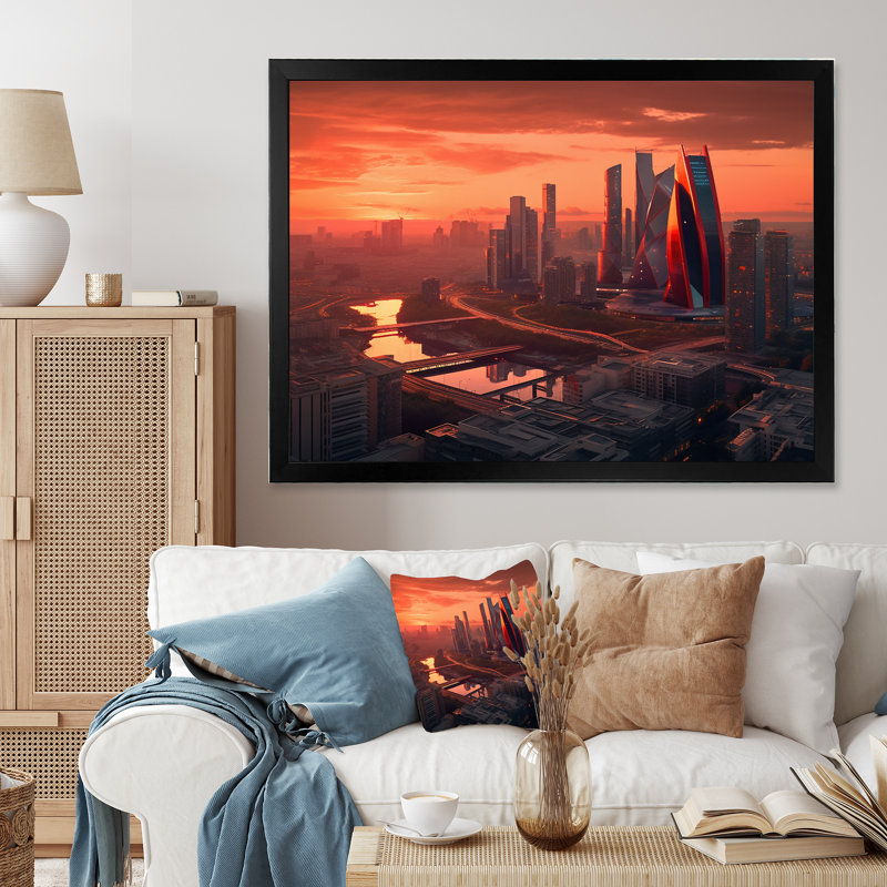 «Orange and Pink Architectural Merveilles II», reproduction sur toile, H 34 po x l 44 po x P 1,5 po, Cadre photo noir