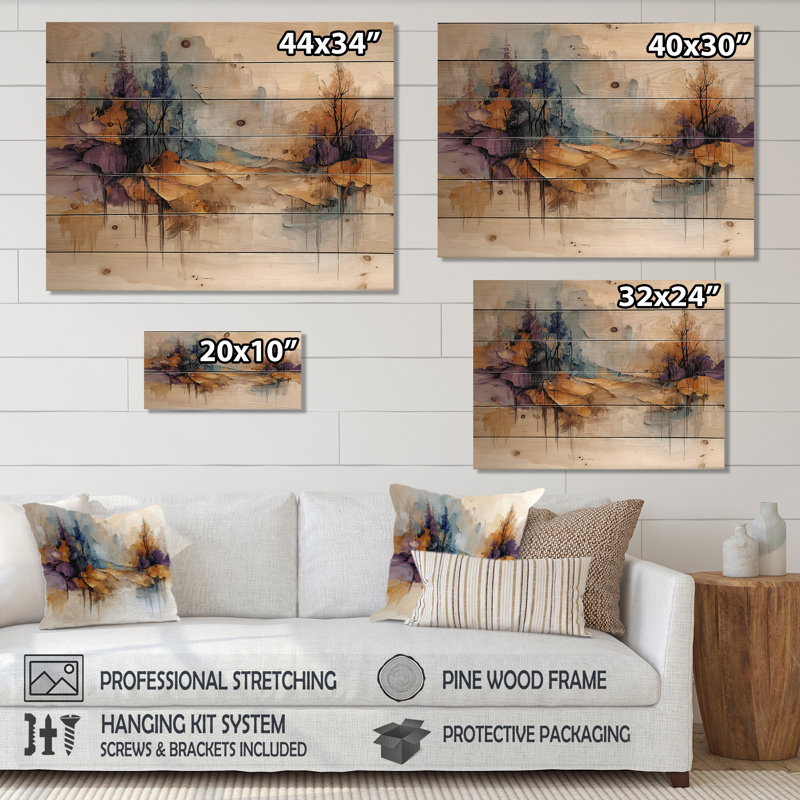 Horizons brouillés d'illusion dorée I - décoration murale en bois forêt - sur bois de pin naturel