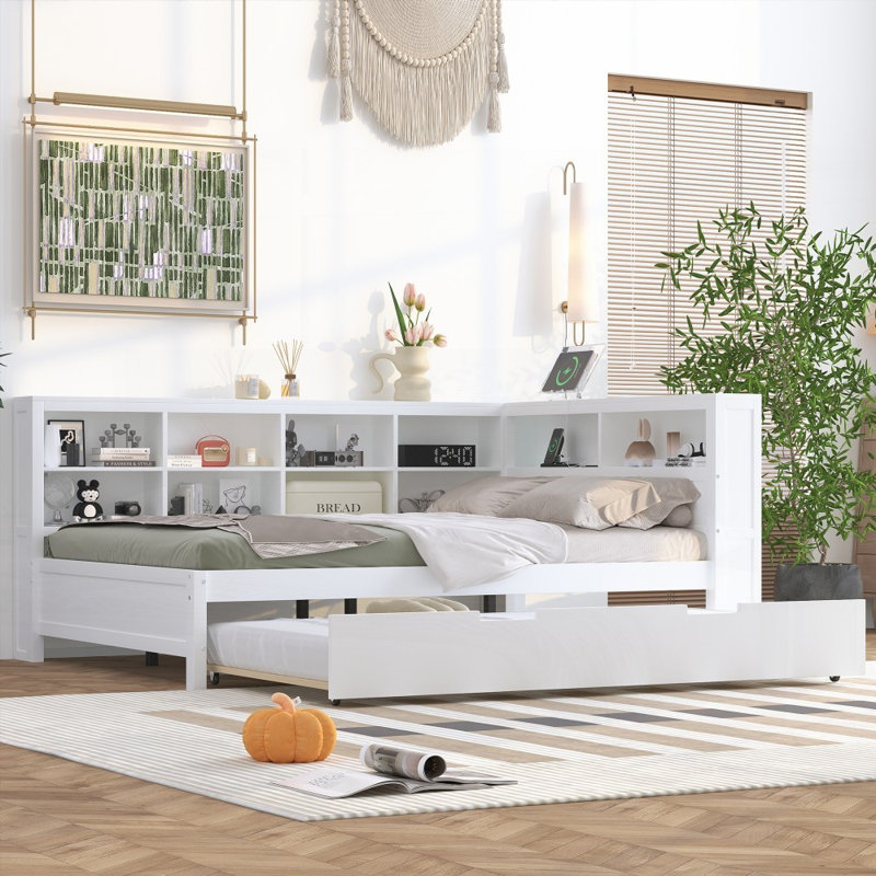 Lit de jour double avec lit gigogne simple Tablette de rangement, blanche, sans sommier, robuste et amp; Durable, Blanc