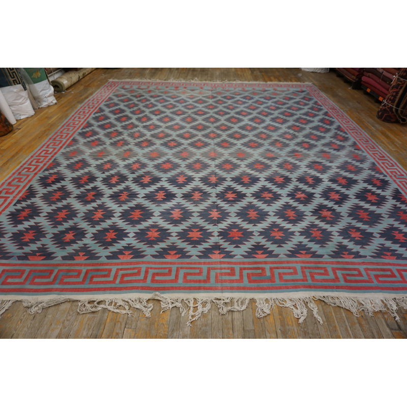 Tapis Dhurrie antique en coton à motif géométrique